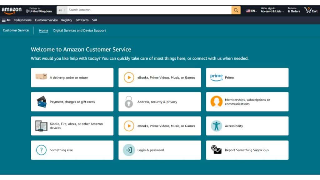 Screenshot Page of Amazon Customer Service Desktop