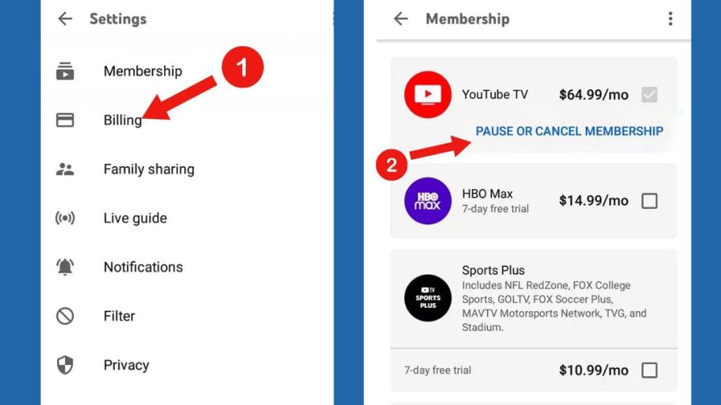 Cancel YouTube TV on Android