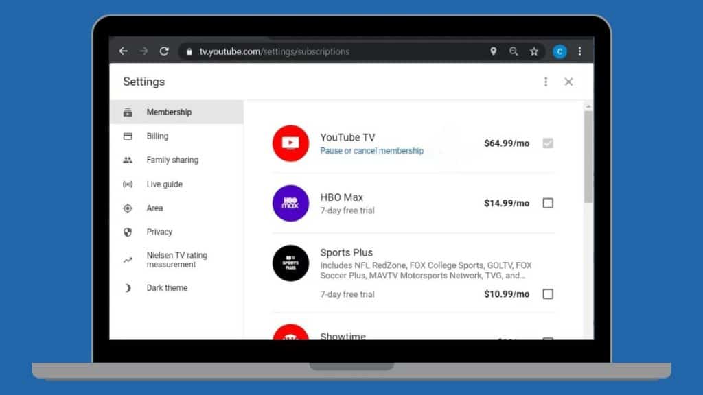 Cancel YouTube TV on PC or Web Browser