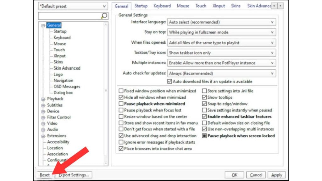 2. Reset PotPlayer Settings